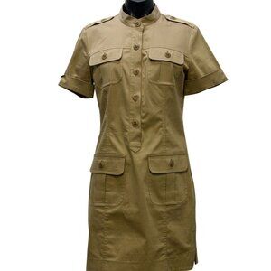 Trina Turk Button-Front Tan Dress With Mandarin Collar & Pockets 8
